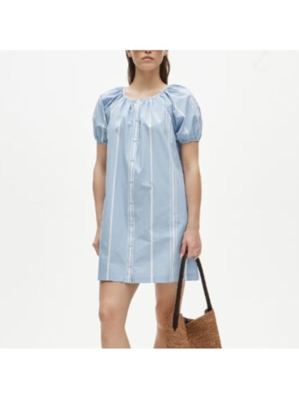 NWT Flawed J.Crew Puff-Sleeve Mini Dress XXS Blue Striped Cotton Popover Poplin - Picture 1 of 14